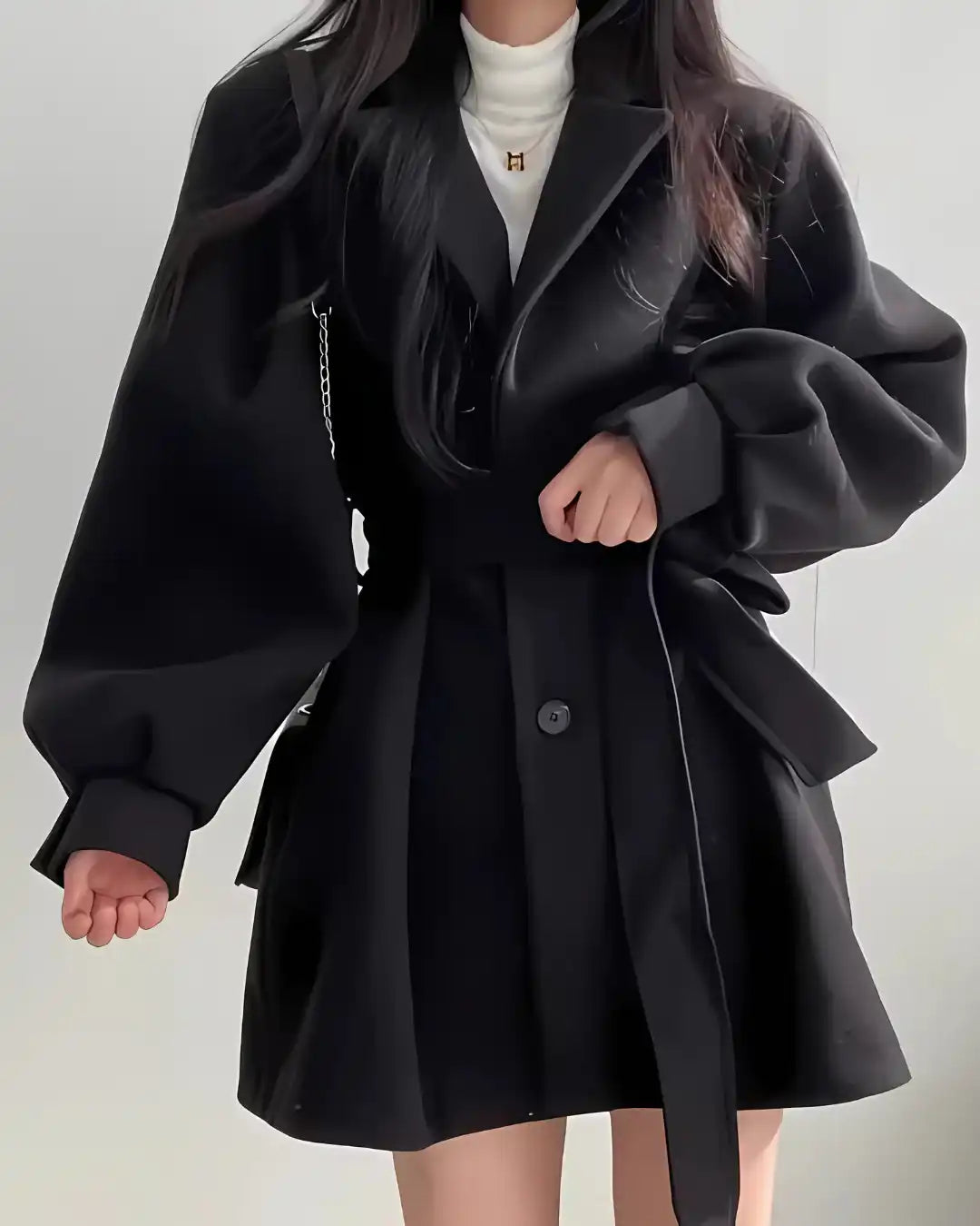 Sobretudo Lazarelle de Lã com Mangas Longas Bufantes