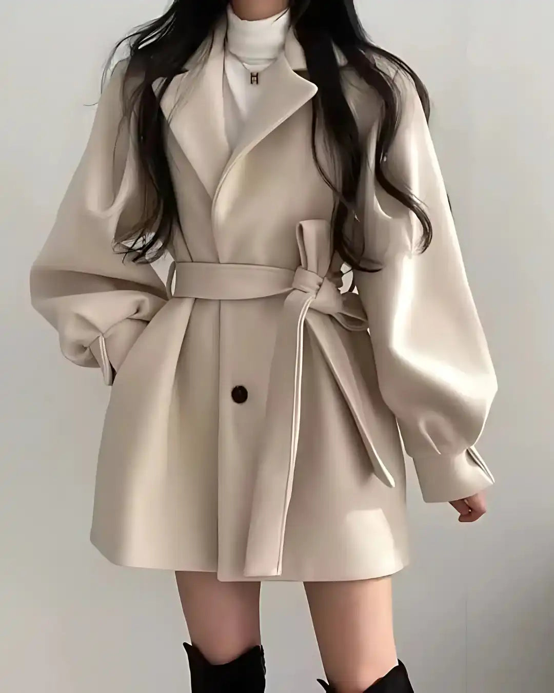 Sobretudo Lazarelle de Lã com Mangas Longas Bufantes